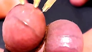 Testicle skewering cbt, frame & cumshot in the air 3 needles, precum & stretched drool