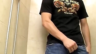 Adorable young clumsy jimmy roman pisses and masturbates