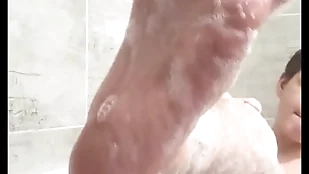 Big little shaver masturbates not far from bathtub