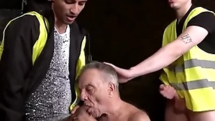 Toothless grandpa sucks yoke miners