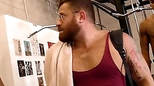 Interracial gay gangbang in along to private gym