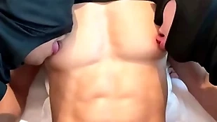 Amazing fit six pack together with heavy pecs asian sponger nipple distressed together with sucked
